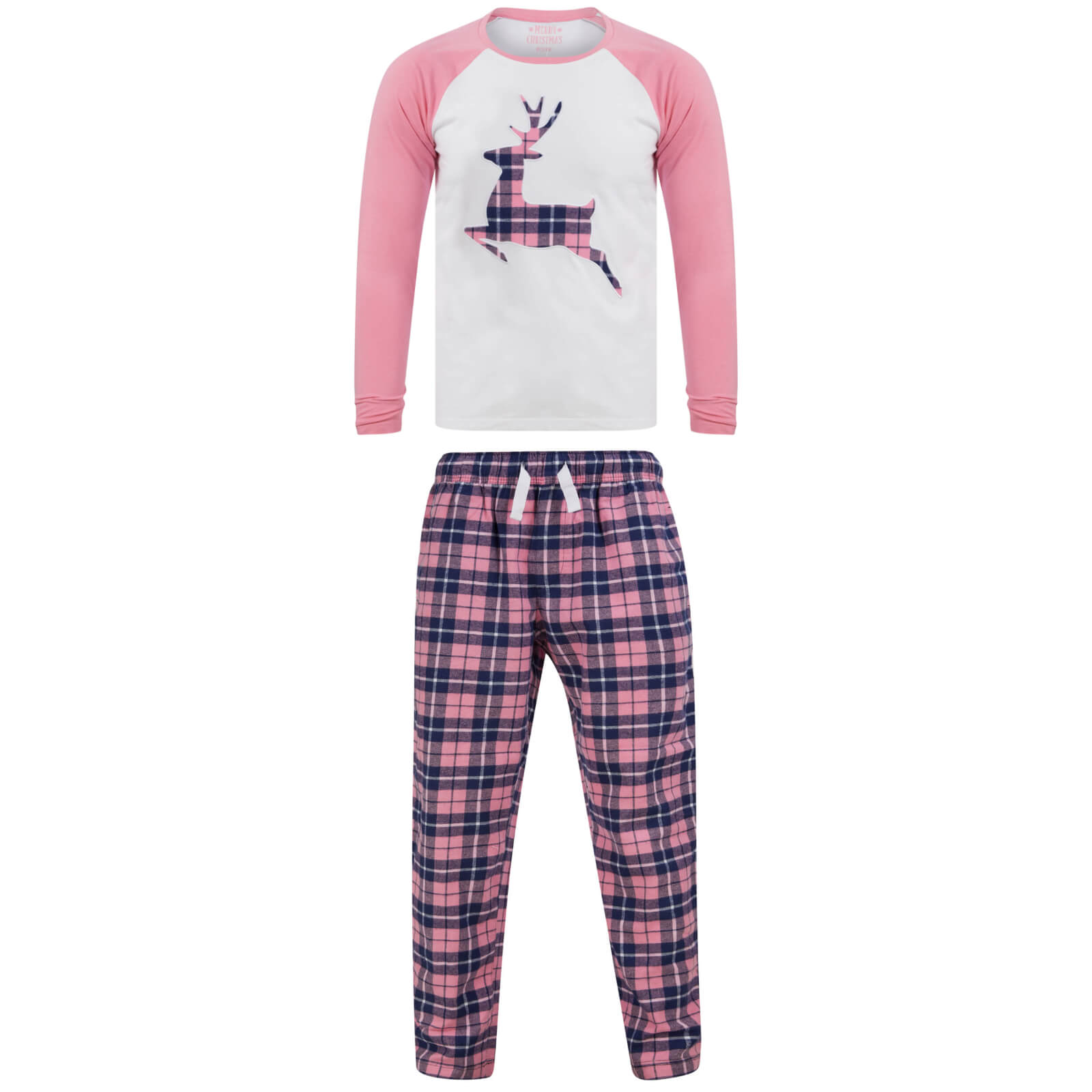 Mr Crimbo Womens Christmas Pyjama Set Reindeer/Stag Check Bottoms - MrCrimbo.co.uk -SRG3Q17468_E - Pink/Navy -Black
